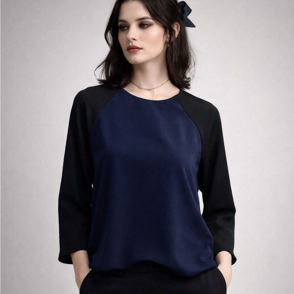 J.Crew Women’s Navy Black Crepe Baseball Blouse Size 2 | Dark Coquette Goth Chic